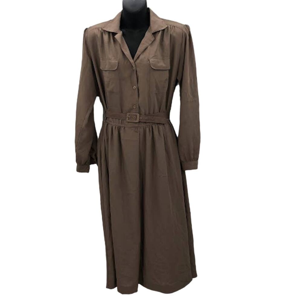 Andrea Gayle Vintage 1980s Brown Fit Flare Belted Long Sleeve Dress Size 10